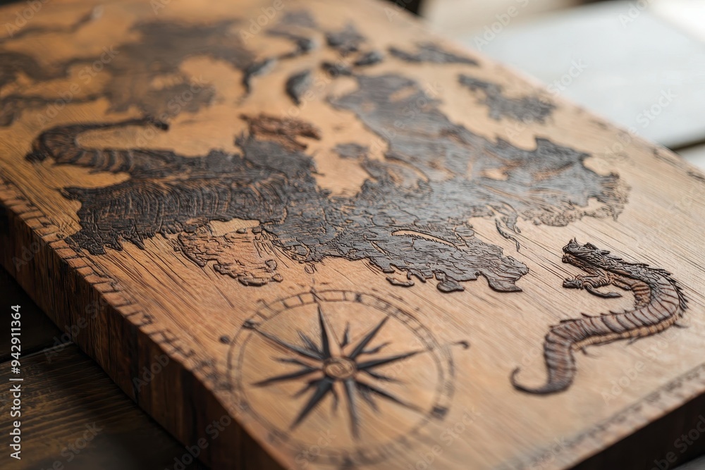 A detailed engraving of an old-world map, showing sea monsters and intricate compass roses A detailed engraving of an old-world map, showing sea monsters and intricate compass roses