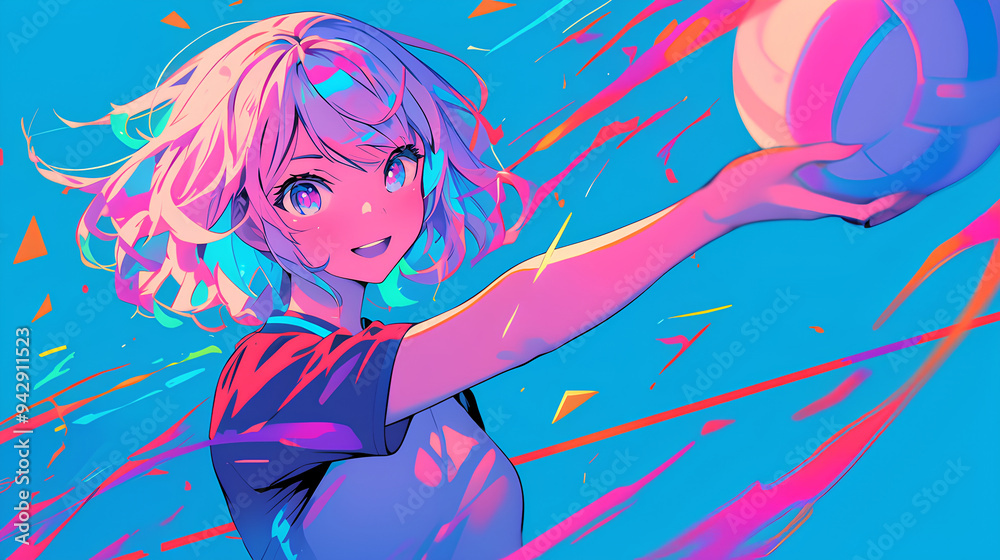 a girl playing volleyball, anime style, cute kawaii, simple, smiling happy, neon psychedelic background a girl playing volleyball, anime style, cute kawaii, simple, smiling happy, neon psychedelic background