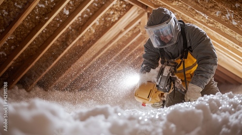 Worker cutting insulation in an attic. This photo is great for construction, home improvement, and insulation companies. photo