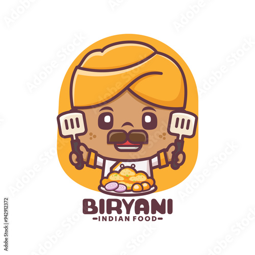 Punjabi chef cartoon mascot with biryani