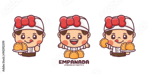 female chef cartoon mascot with empanada