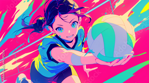 a girl playing volleyball, anime style, cute kawaii, simple, smiling happy, neon psychedelic background