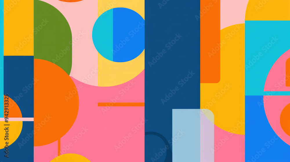 Vibrant and colorful abstract background with geometric shapes in blue, orange, pink, lime green and yellow Vibrant and colorful abstract background with geometric shapes in blue, orange, pink, lime green and yellow