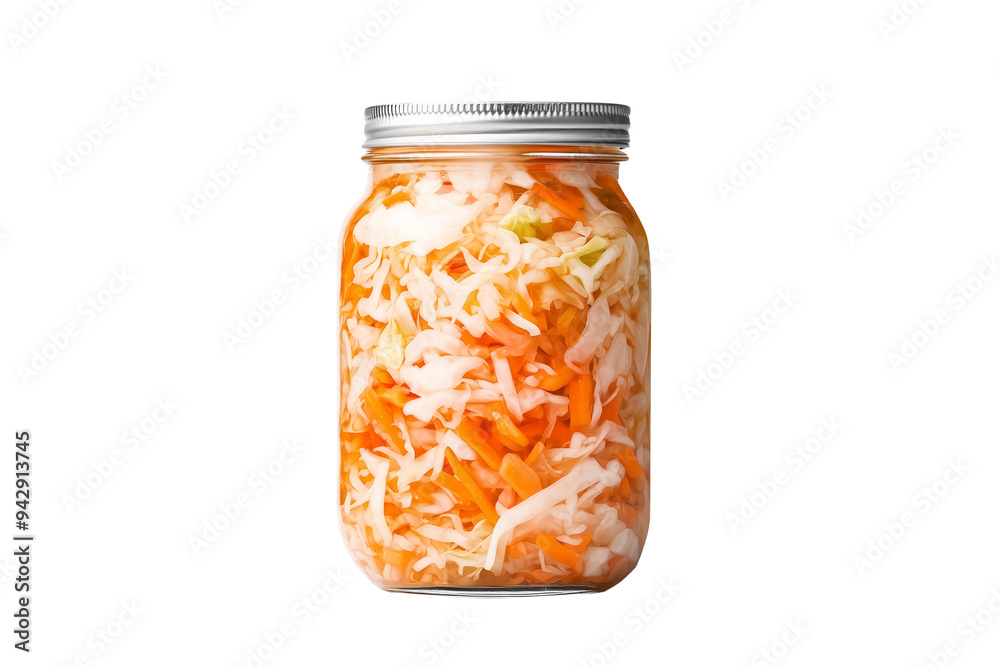 Jar filled with colorful pickled vegetables including cabbage, carrots, and peppers isolated on a white background Jar filled with colorful pickled vegetables including cabbage, carrots, and peppers isolated on a white background