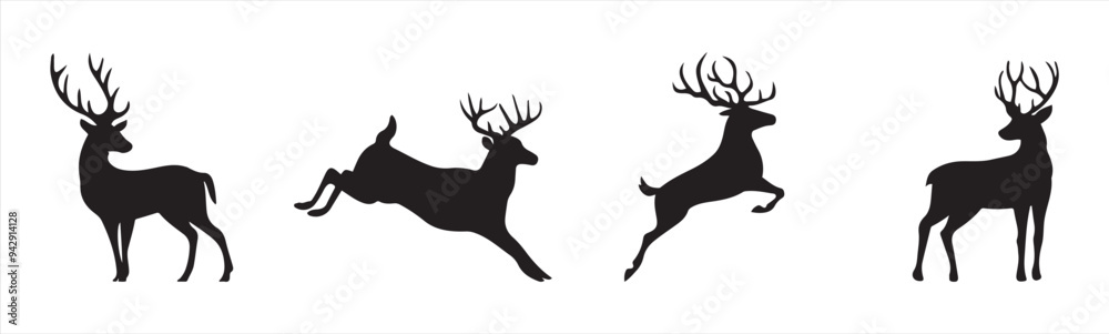 Set of silhouette hunting deer vector isolated on white background. Christmas deer, deer silhouette, moose, antelope, deer jumping vector. Set of silhouette hunting deer vector isolated on white background. Christmas deer, deer silhouette, moose, antelope, deer jumping vector.