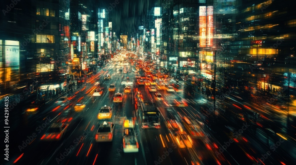 A Nighttime View of a City Street with Blurry Lights and Cars A Nighttime View of a City Street with Blurry Lights and Cars