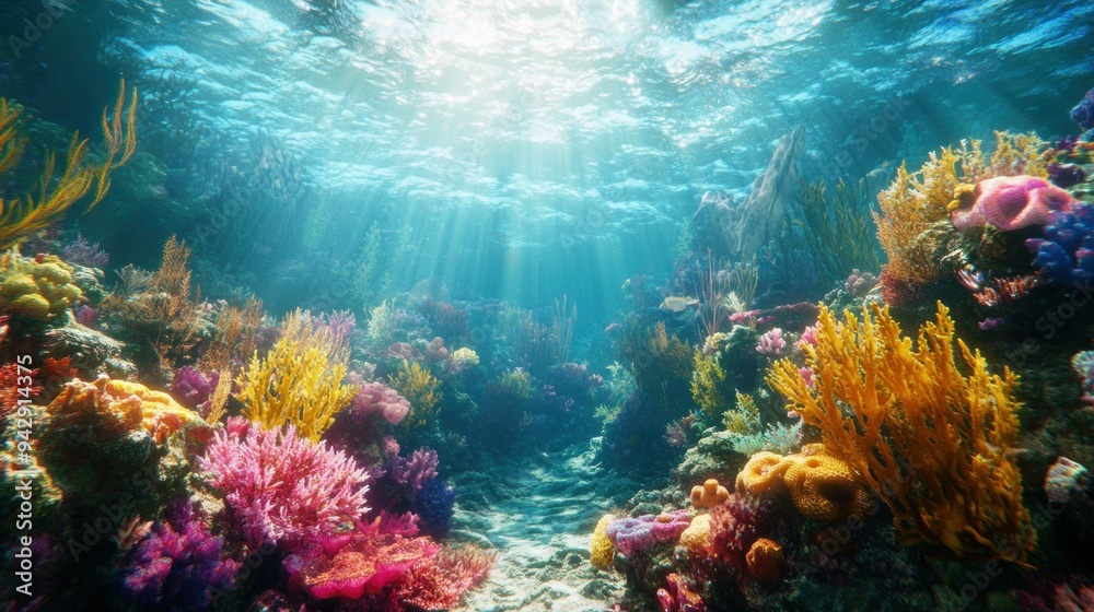 Fototapeta premium Underwater View of Colorful Coral Reef in Sunlight