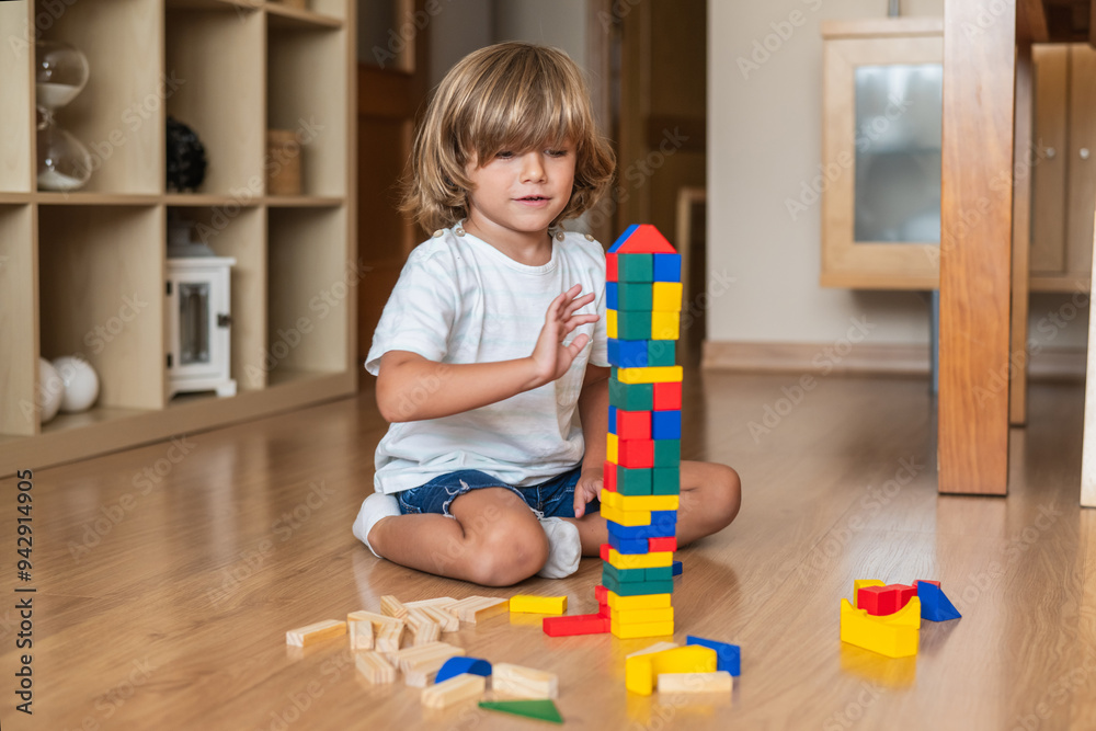 Smiling Child Playing With Toy Blocks At Home. 4 Years Old With Happy Emotions, Engaged In Fun And Creative Play. Ideal For Highlighting Kids' Toys And Joyful Childhood Moments. Smiling Child Playing With Toy Blocks At Home. 4 Years Old With Happy Emotions, Engaged In Fun And Creative Play. Ideal For Highlighting Kids' Toys And Joyful Childhood Moments.