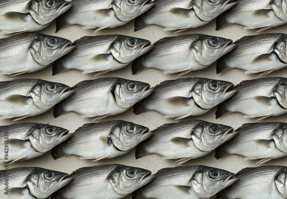 Obraz premium A pattern of many sea bass fish arranged on top of each other, displayed at the market stand, white bckground