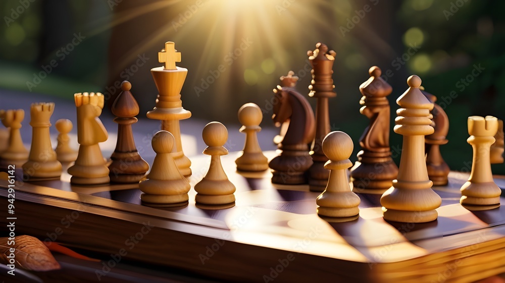 Transport yourself to a peaceful morning, where the sun's gentle rays cast a warm glow on a chessboard, its pieces poised for battle. The intricate details of the board and pieces are brought to life Transport yourself to a peaceful morning, where the sun's gentle rays cast a warm glow on a chessboard, its pieces poised for battle. The intricate details of the board and pieces are brought to life
