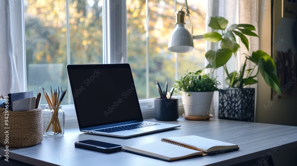Fototapeta premium Capture a clean, modern desk with a laptop, notebook, and stylish dÃ©cor. Natural lighting from a window can enhance the scene. --ar 16:9 --v 6.1 Job ID: 82031634-f5d5-4c27-9b68-480356bf153a