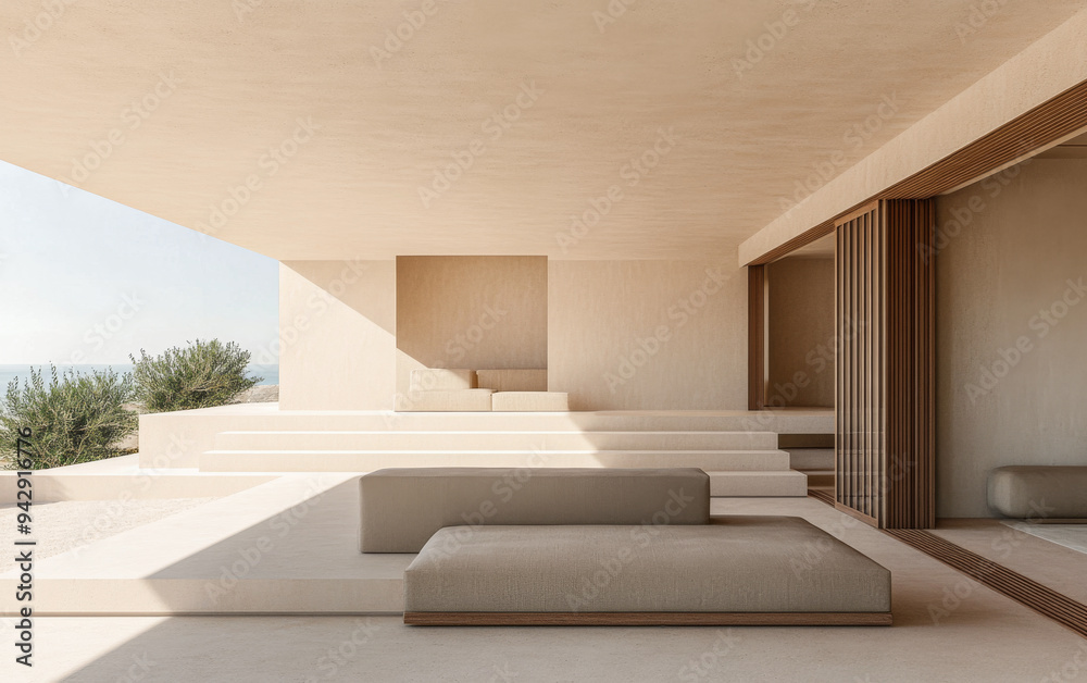 Mediterranean luxury villa in contemporary style with earthy tones and minimalist geometrical spaces. Premium Real Estate conceptual image. Mediterranean luxury villa in contemporary style with earthy tones and minimalist geometrical spaces. Premium Real Estate conceptual image.