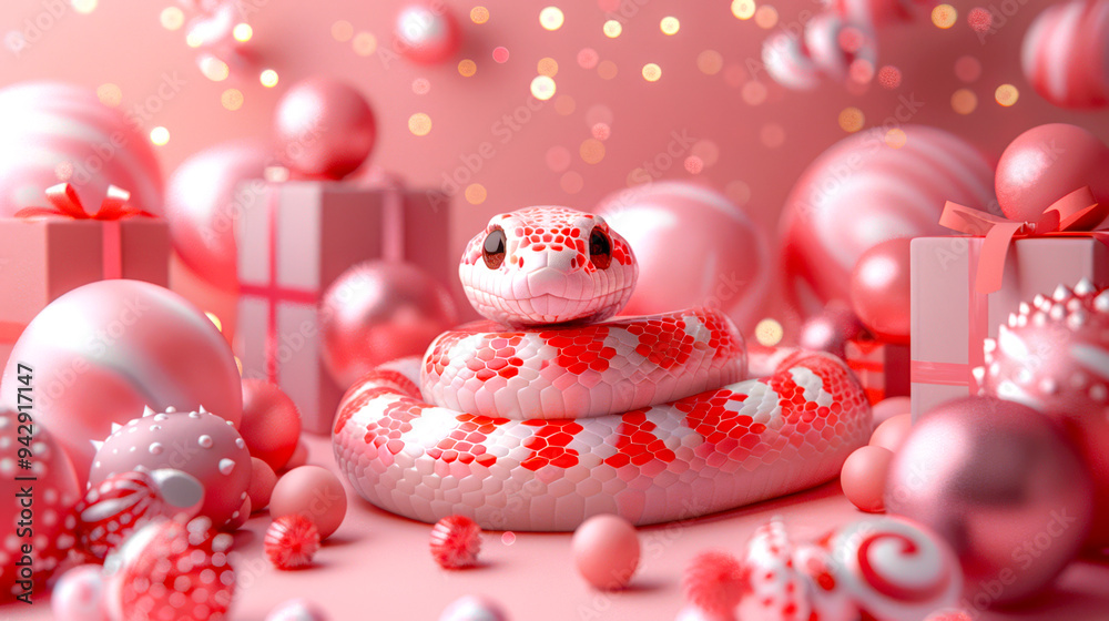 The concept of a New Year's card for the year of the snake. Merry Christmas and Happy New Year. The pink snake is surrounded by lots of pink Christmas decorations The concept of a New Year's card for the year of the snake. Merry Christmas and Happy New Year. The pink snake is surrounded by lots of pink Christmas decorations