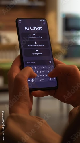 Chatting with artificial intelligence online. Writing prompt and asking language model. Ai chat bot is having a conversation with human. Fictional Interface, vertical video.