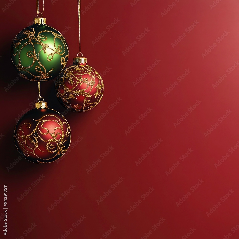 Beautiful christmas balls red greeting background. Christmas-patterned balls hanging on red background with copy space. Christmas card concept,  holiday concept, christmas ball decor banner