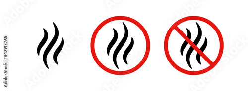 Anti bad smell icon. Odor control label. Forbidden flavors symbol. Strong flavors are not allowed. Deodorant sign. No perfume icon. Forbidden smoke. Vector illustration isolated on white background.