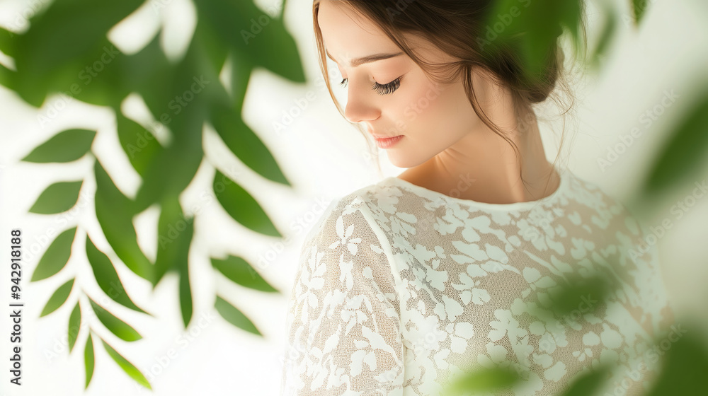Woman in white lace dress with leaf shadows, serene portrait, nature-inspired fashion, soft natural light, botanical beauty concept Woman in white lace dress with leaf shadows, serene portrait, nature-inspired fashion, soft natural light, botanical beauty concept
