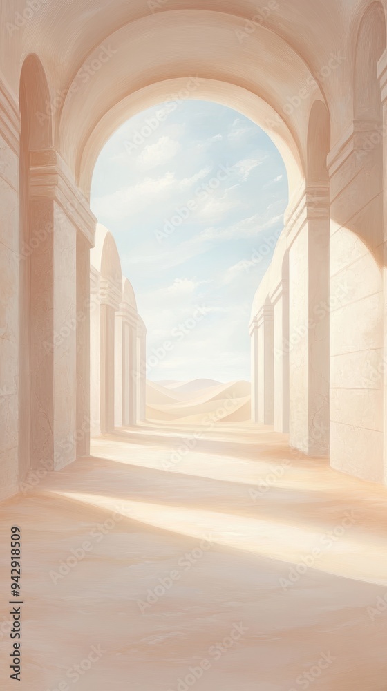 A long, narrow hallway with a large archway in the middle. The walls are white, and the ceiling is high. The scene is peaceful and serene A long, narrow hallway with a large archway in the middle. The walls are white, and the ceiling is high. The scene is peaceful and serene