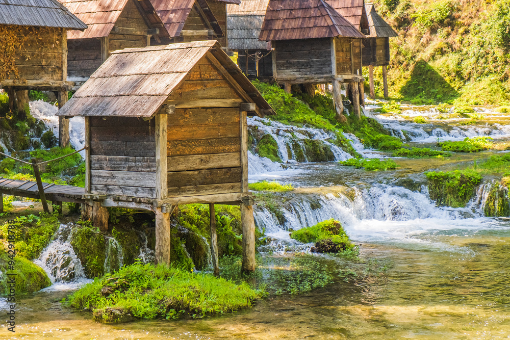 Old wooden mills Mlincici near Jajce on Plivsko Lake, Bosnia and Herzegovina