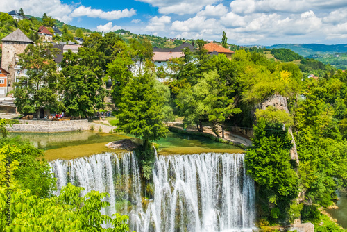 Panoramic view of waterfalls in the old town of Jajce, Bosnia and Herzegovina