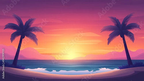 Vibrant tropical beach sunset with palm trees, serene ocean waves, and colorful sky creating a tranquil, picturesque landscape.