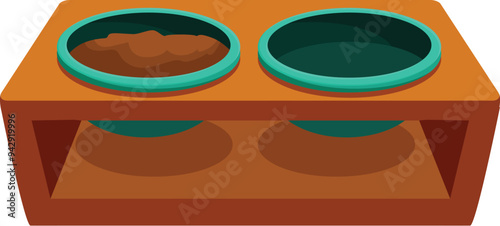 Double pet bowl containing food and water, standing on a wooden platform