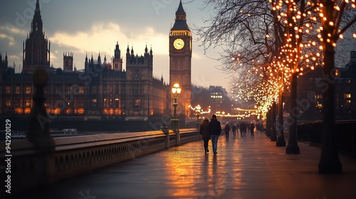 London cityscape at dusk with illuminated Big Ben and Houses of Parliament. River Thames embankment with glowing street lights and pedestrians. Iconic British landmark in twilight atmosphere photo