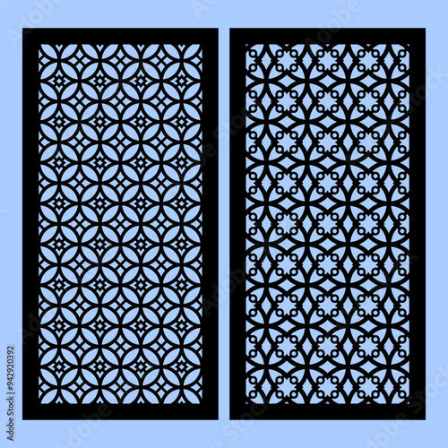 Collection of laser cut templates with modern abstract geometric panels. Template for cnc cutting of metal and wood. Aspect ratio 1:2. blue background.