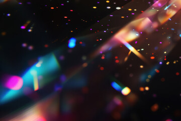 Black background with colorful lights, light beams, blurry cinematic sparkling in the air, glitchcore, glowy iridescence bokeh sparkles. Festive light leak overlay