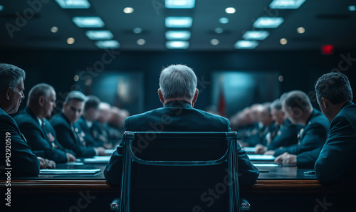 National security council meeting in high-tech boardroom, government officials discussing strategy, confidential briefing scene, political decision-making process