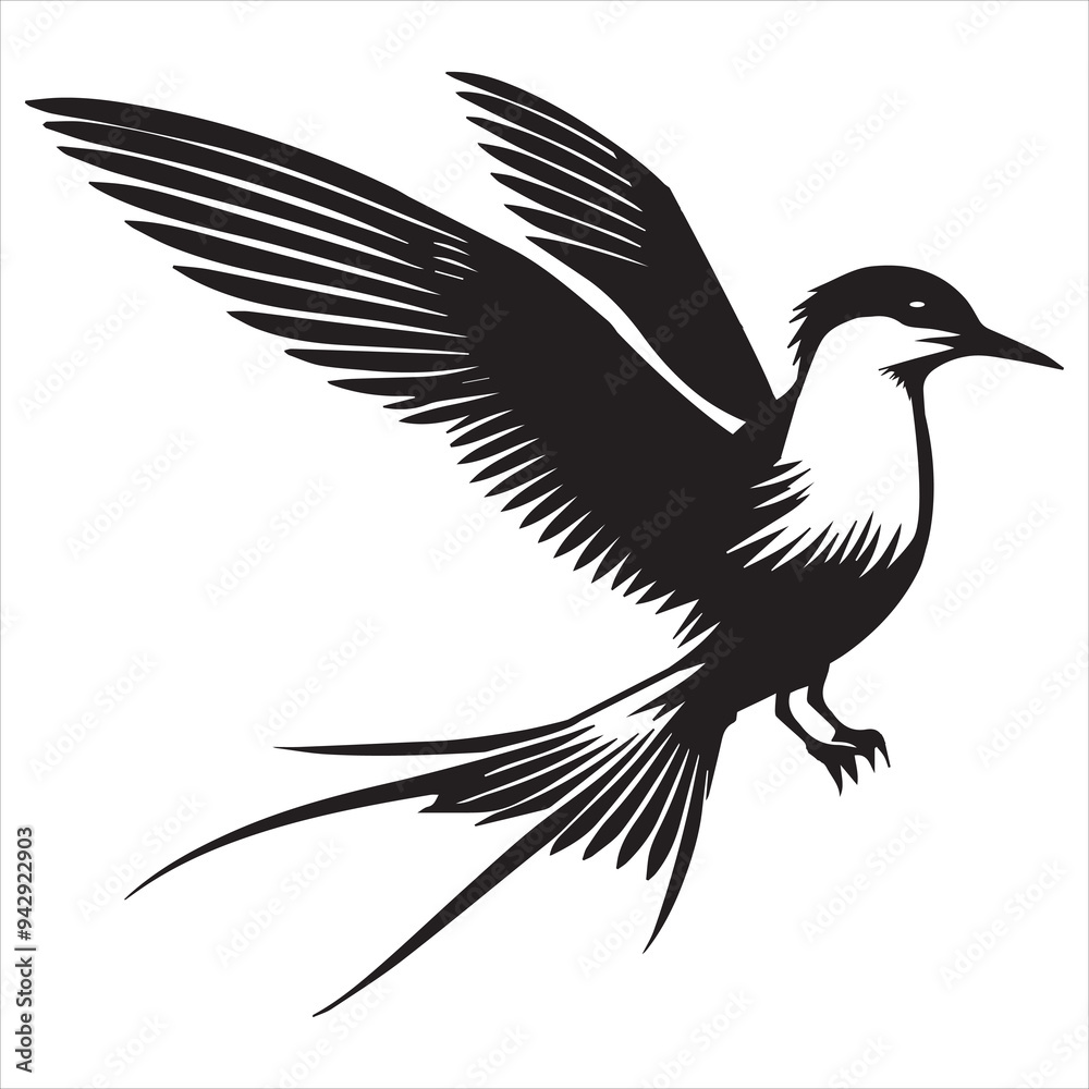 Obraz premium Common Tern Silhouette, Sterna hirundo Bird Clipart - Common Tern perched Illustration in black and white