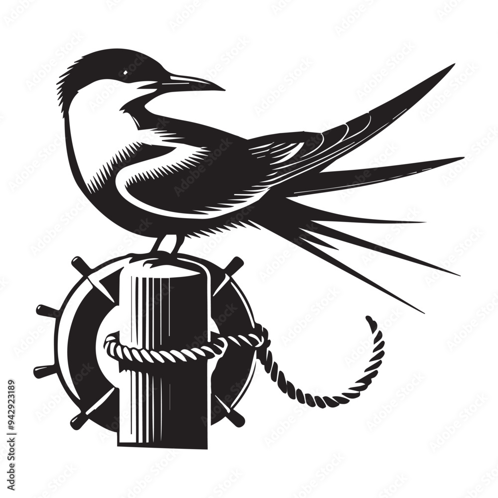 Naklejka premium Common Tern Silhouette, Sterna hirundo Bird Clipart - Common Tern standing with one leg Illustration in black and white