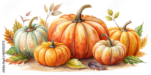 Autumn pumpkins, watercolor clipart illustration with isolated background