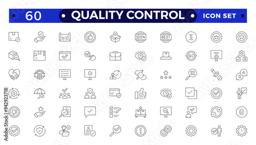 Quality control Outline icon set. Containing inspection, evaluation, product, quality assurance, process, testing, Pictograms and infographics for mobile apps.