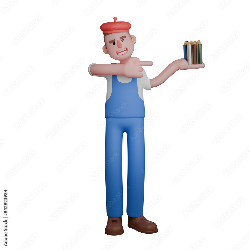 3D Model of Male Painter. A painter proudly displays a bunch of colored pencils he holds in his hands. Professional Artist