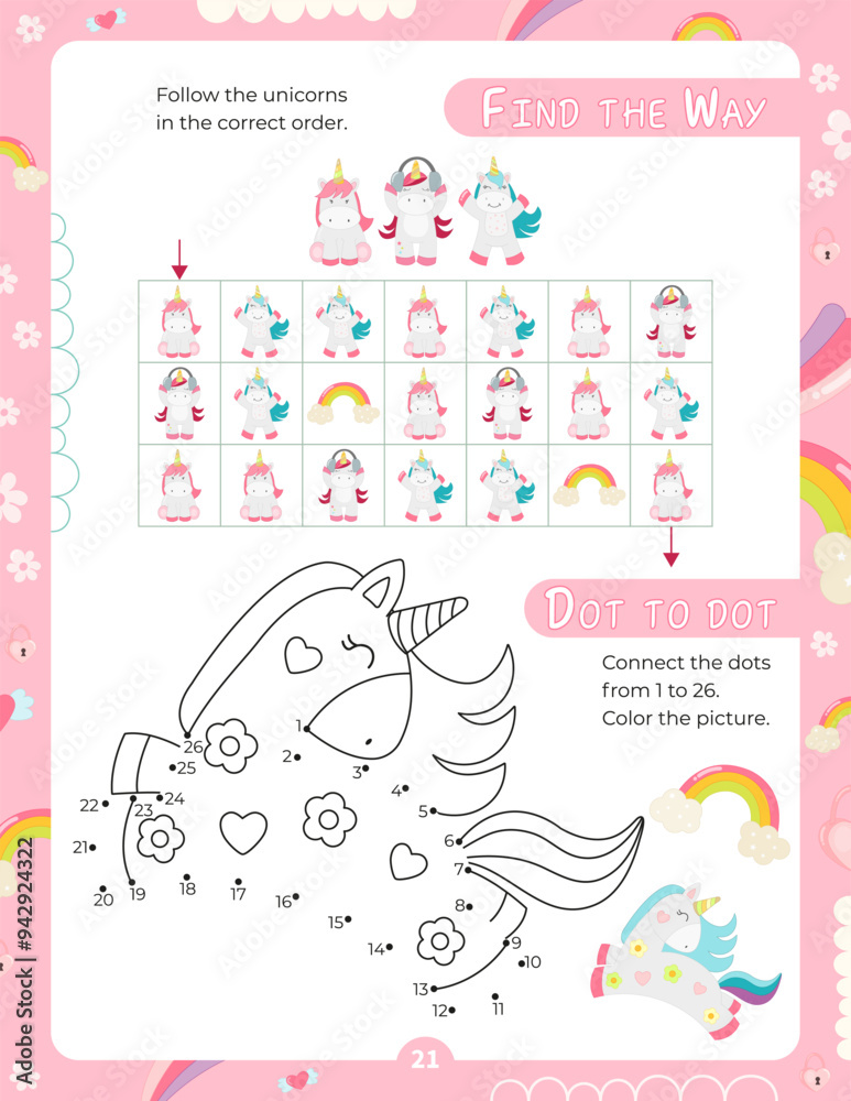 Activity Pages for Kids. Printable Activity Sheet with Unicorn Activities – find the way, dot to dot. Vector illustration. Activity Pages for Kids. Printable Activity Sheet with Unicorn Activities – find the way, dot to dot. Vector illustration.