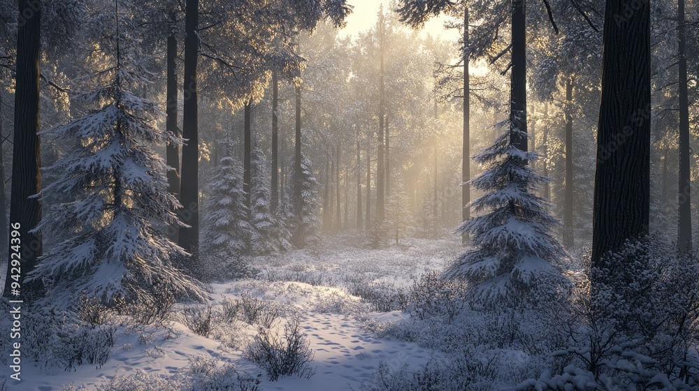 A dense forest covered in fresh snow, with soft light filtering through the trees. --ar 16:9 --v 6.1 Job ID: 91ab6f9f-4a52-46af-b1c3-adfab38c613f A dense forest covered in fresh snow, with soft light filtering through the trees. --ar 16:9 --v 6.1 Job ID: 91ab6f9f-4a52-46af-b1c3-adfab38c613f