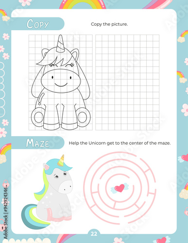 Activity Pages for Kids. Printable Activity Sheet with Unicorn Activities – maze, copy the picture. Vector illustration.