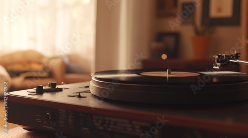 A close-up of a record spinning on a classic turntable in a cozy room. --ar 16:9 --v 6.1 Job ID: ed5af440-9ce6-4545-b58e-f68482de1b32