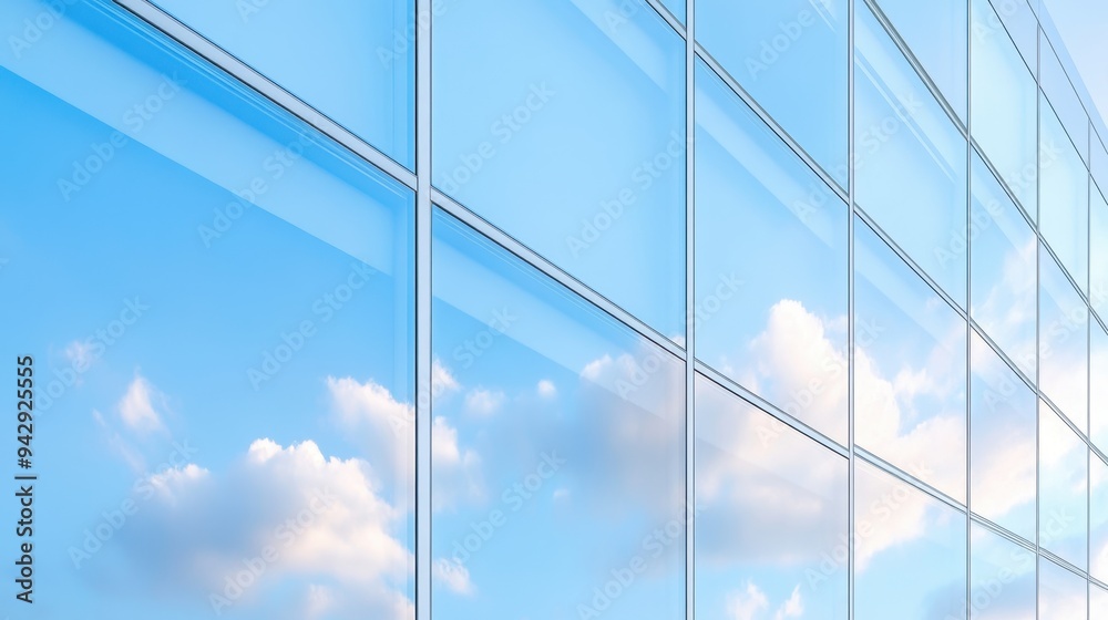 Fototapeta premium A building with a lot of windows and a cloudy sky. The sky is blue and the clouds are white