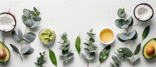 A minimalist flat lay composition showcases natural beauty products, featuring coconuts, avocados, honey, and eucalyptus arranged elegantly against a white background photo