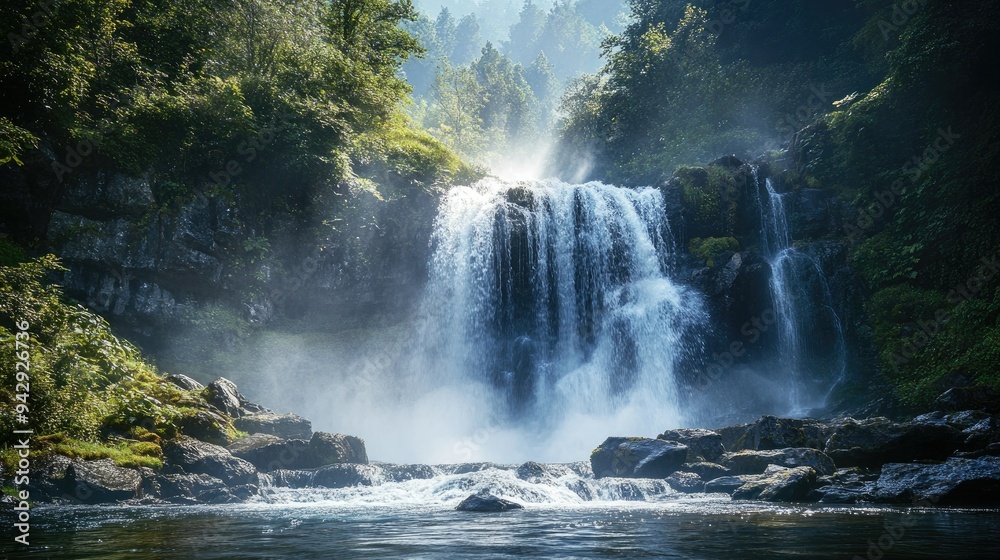 Beautiful waterfall with mist rising, ideal for adding copy space. Beautiful waterfall with mist rising, ideal for adding copy space.