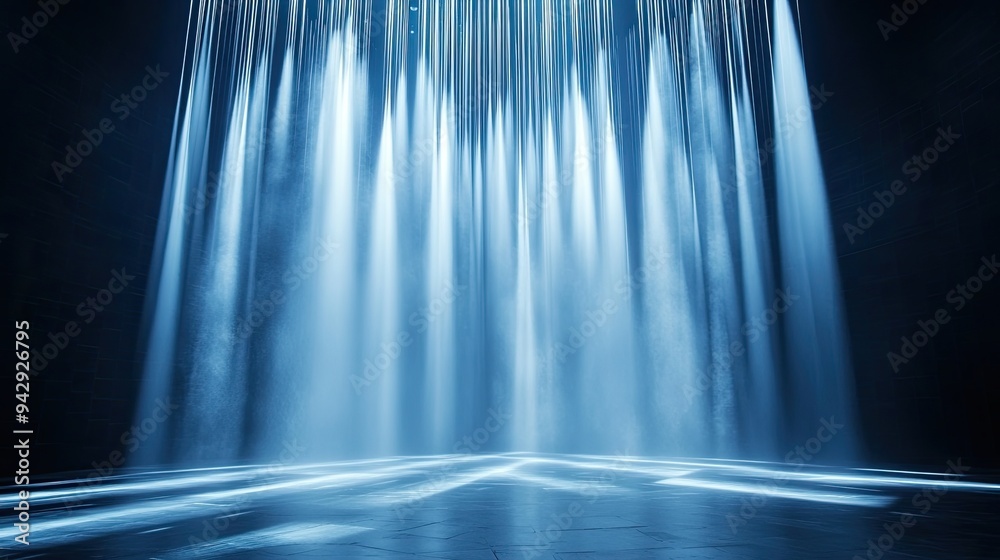 Stage with a cascade of light beams, vertical and diagonal, white and ...