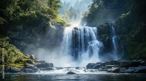 Beautiful waterfall with mist rising, ideal for adding copy space.