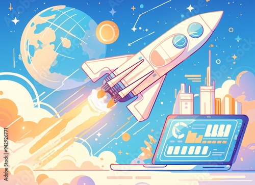 Successful start-up launch vector illustration. Space rocket flies up from laptop with graphs charts and diagram on screen flat style design. New business project concept
 photo