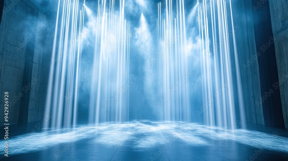 Stage with a cascade of light beams, vertical and diagonal, white and ...