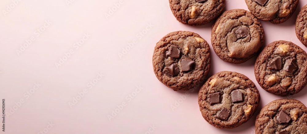 Delicious Homemade Chocolate Chip Cookies on a Light Pink Background with Copy Space Delicious Homemade Chocolate Chip Cookies on a Light Pink Background with Copy Space