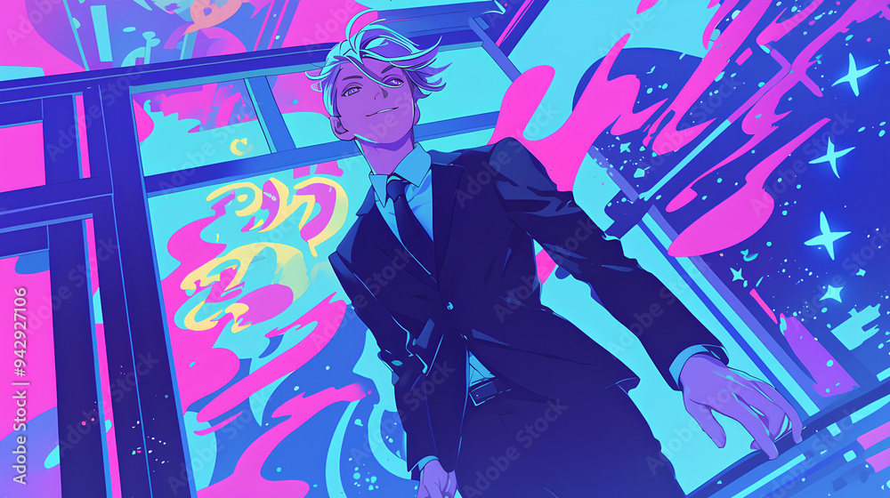 a male office worker, anime style, cute kawaii, simple, smiling happy, neon psychedelic background a male office worker, anime style, cute kawaii, simple, smiling happy, neon psychedelic background