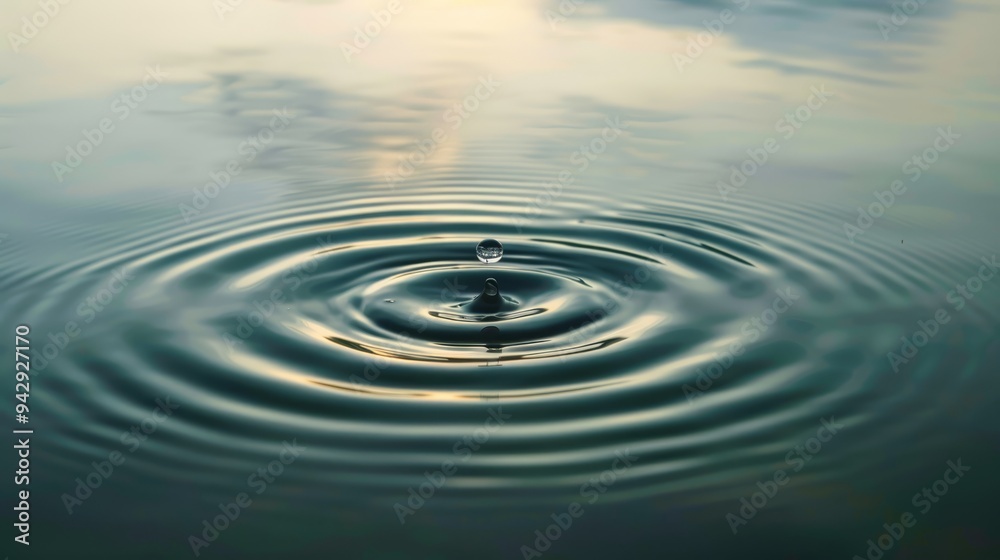 A single water droplet creates concentric ripples on a still body of water, reflecting the soft light of a setting sun. A single water droplet creates concentric ripples on a still body of water, reflecting the soft light of a setting sun.