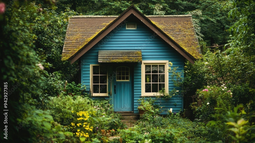 Cozy garden house nestled in lush greenery, perfect for text overlay. Cozy garden house nestled in lush greenery, perfect for text overlay.